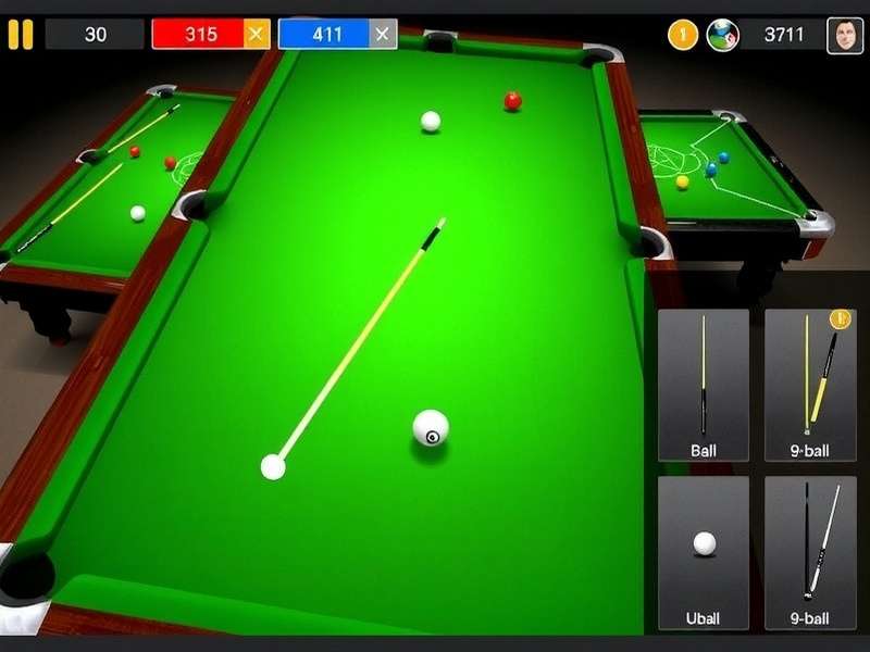 Elite Pool Star customization options showing different cue sticks and tables